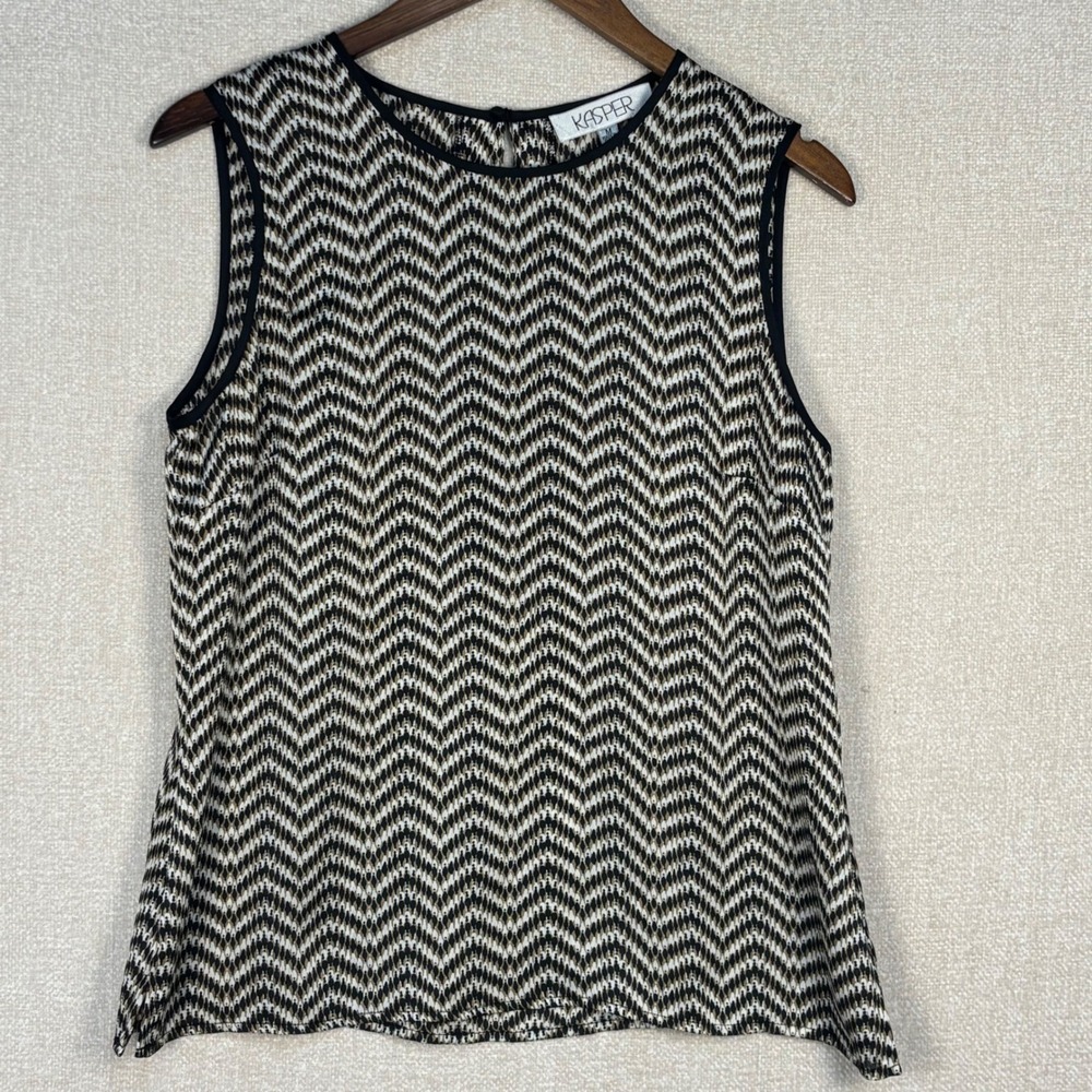 Kasper Women Size Medium Tan Black White Chevron Sleeveless Shell Blouse Top